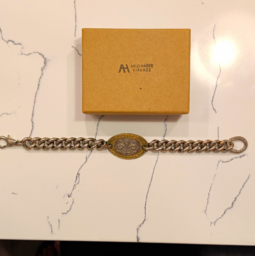 Arlo Haisek Firenze Signed Silver Curb Link Chain Bracelet Fleur-de-Lis